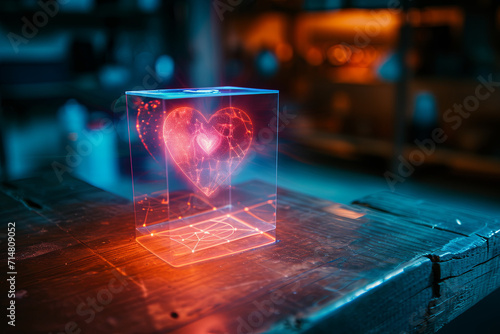 A holographic of a love projected by a mini device on a desk