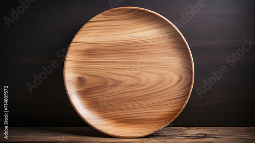 empty round wooden platter on dark background