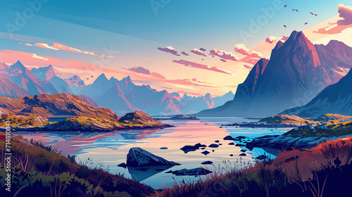 Scenic view of Lofoten Islands in Norway during sunrise in landscape comic style.