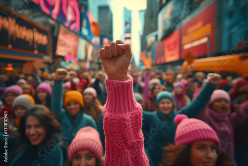 Raised fist of a woman at a feminist demonstration, Women's Day, fight for rights and equality of a crowd in the streets