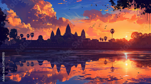 Beautiful scenic view of Angkor Wat in Cambodia during sunrise in landscape comic style.