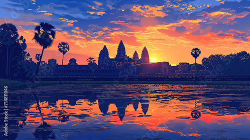 Beautiful scenic view of Angkor Wat in Cambodia during sunrise in landscape comic style.