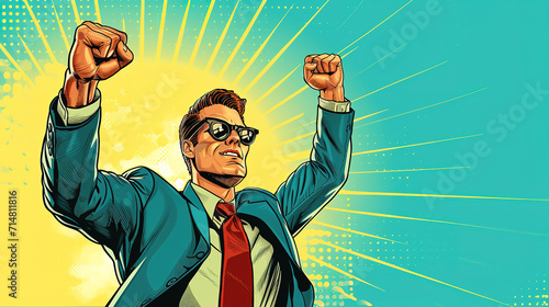 cool looking happy businessman throwing fists to the sky in colorful comic illustration style. Copyspace for text.