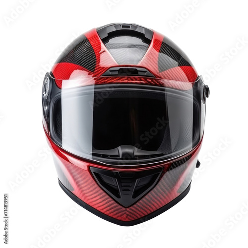 A red motorcycle carbon integral crash helmet isolated on a transparent background.