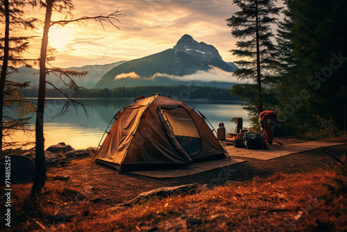 A tent besides a beautiful lake