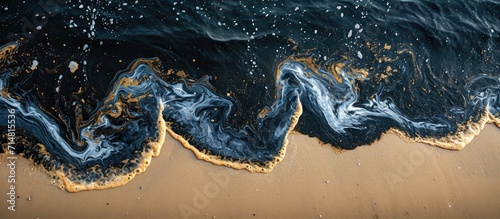 Crude oil spill on sand beach texture after accident.
