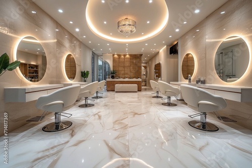 Luxury beauty salon interior with large mirrors, armchairs in row on beige marble floor