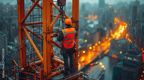  A Construction Worker on a High-Rise Building Scaffold, Secured with Safety Harnesses Against a City Skyline