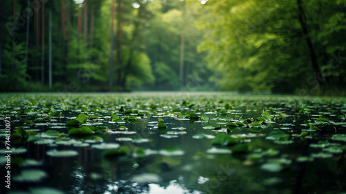 A lake in the middle of the forest with water lily leaves on it