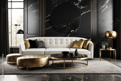 Interior home design of modern living room with leather sofa and gold round table against black gold marble panel wall