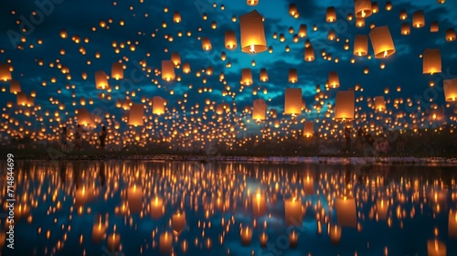 Sky Ablaze with Countless Floating Lanterns serene cultural festive night lantern trail, drops on the window