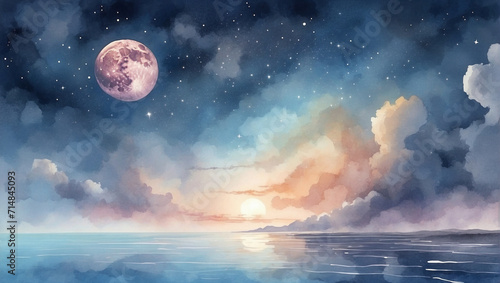 watercolor background, painting of starry night sky over the sea with moon