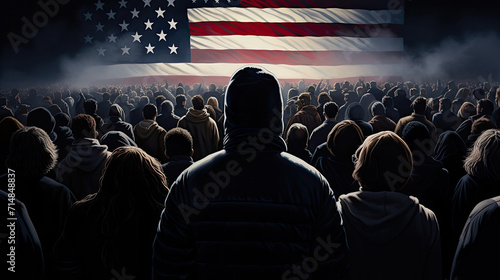 Rear view silhouettes of a group of people at a mass demonstration or protest with the USA flag in the sky.