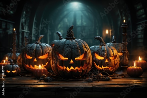 A flickering sea of carved cucurbits glow on a rustic table, beckoning with the magic of halloween and the promise of trick-or-treating