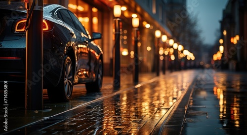 A solitary car stands still on a dark, rain-soaked street, its tires reflecting the city lights and the building's shimmering facade, a symbol of stillness amidst the chaotic urban night