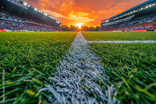 View from below along the sidelines of a football field in the middle of a football stadium