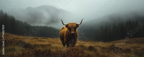 Highland cow with misty mountain in the background