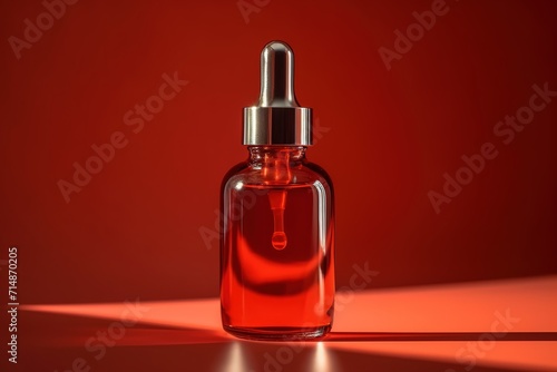 Glass dropper bottle with red liquid on a red background with shadows, minimalist product presentation.