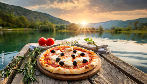 Scenic view of a mouthwatering pizza on a wooden board, complemented by a picturesque lake and breathtaking mountains in the background.