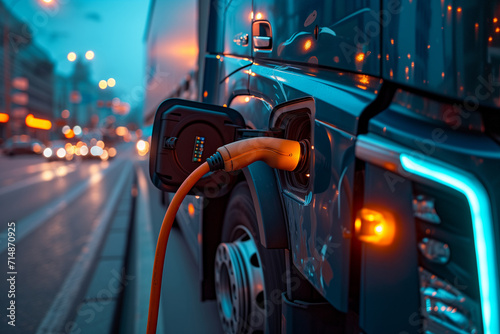 Electric truck, charging, city lights, evening, sustainable, eco-friendly, heavy transport, clean energy, modern design, blue and orange glow, city backdrop, futuristic, zero emissions, plug-in.