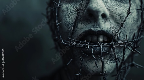 woman with barbed wire in her mouth