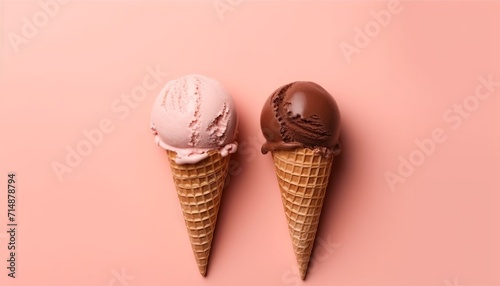 Soft chocolate ice cream in a waffle cone on a plain pink background. Cold dessert without sugar or substitutes. Copy space 
