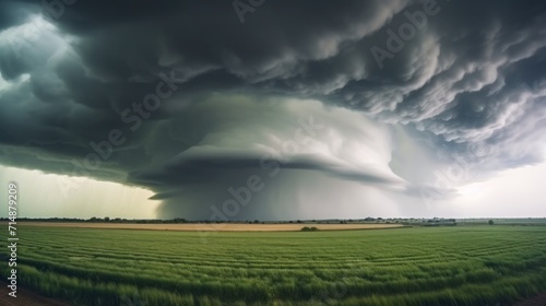 A menacing tempest with a shelf formation and torrential downpour of hail and rain looming upon a Kansas farm field.