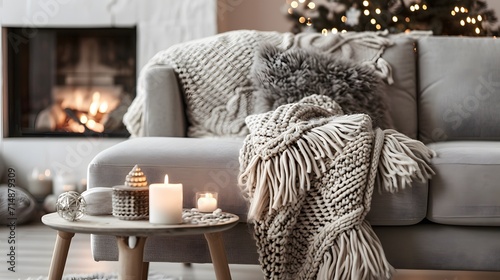 Beige chunky knit throw on grey sofa. Сoffee table with candles against fireplace. Scandinavian farmhouse, hygge home interior design of modern living room. Warm and inviting winter atmosphere. 