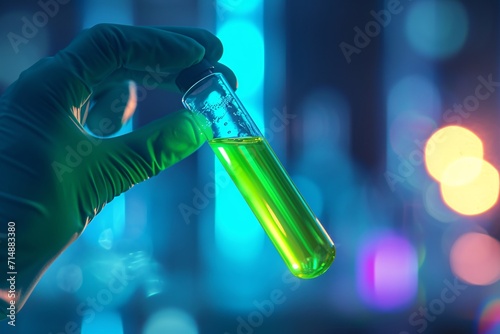A green liquid in a clear glass vial. Generative AI