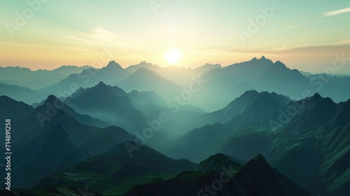 misty sunrise silhouette over a mountain range, pastel colours