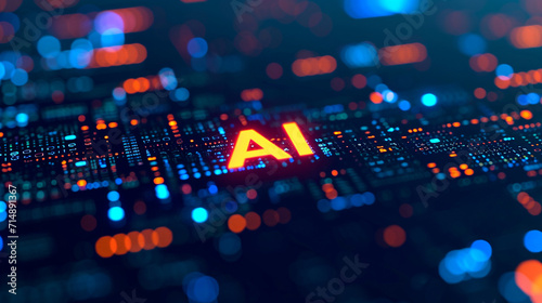 "AI" on a digital tablet amidst a code matrix background, artificial intelligence, blurred background, with copy space