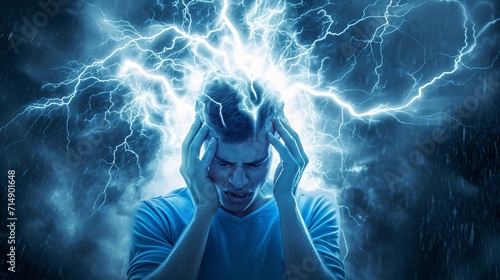 A man with a blue shirt and blue jeans is in a state of confusion with lightning bolts in his head Generative AI