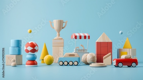 Set of 3d wooden toys isolated on blue background, including trophy, house blocks, gift box, toy cars, cube block and balls