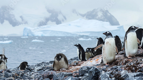 On a remote island, a colony of penguins gathers along a rocky shore, the icy blue waters of the Antarctic Ocean stretching into the distance. The untouched, frozen wilderness crea