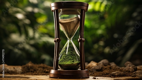 Serene hourglass filled with a lush green forest scene, grains of sand as a flowing river, on a dark wooden base
