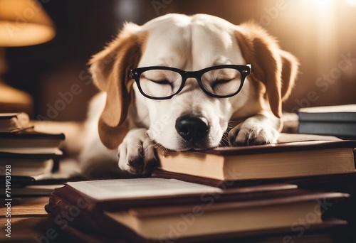 Happy cute dog with reading glasses fell asleep at the table with books Funny puppy dog Concept of c