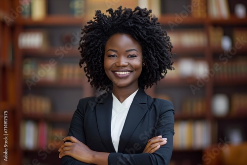 A confident African-American lawyer with crossed arms exuding empowerment and leadership in a law firm setting.