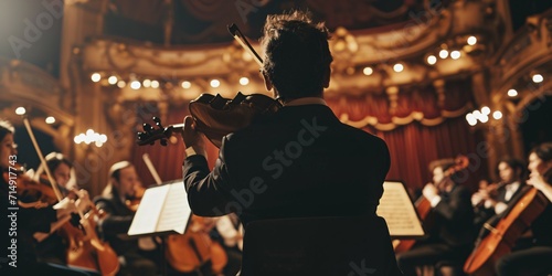 Rear angle film of Conductor guiding Symphony Band with Musicians performing Violins Cello and Trumpet on Traditional Playhouse with Drapery Stage at Musical Show.