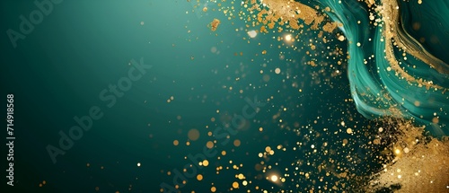 Flat, emerald background with gold glitter.