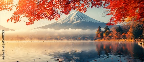 Colorful autumn season and mountains with morning fog and red leaves at a lake in Japan.