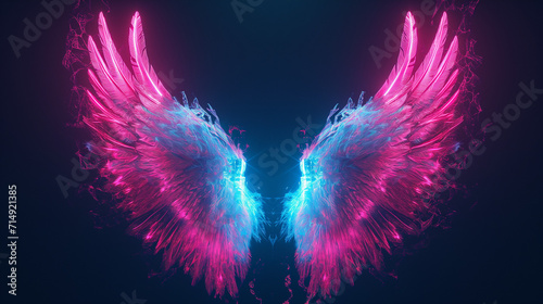 abstract neon angel wings illuminated by pink and blue lights on black background, Ai generated image