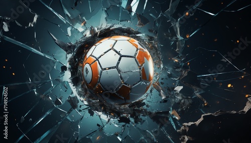 3D illustration of a soccer ball breaking through glass with dynamic shattering effect, symbolizing power and breakthrough.