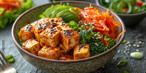 eine Schüssel gemischtes Gemüse mit Kimchi, Tofu und einer Gabel