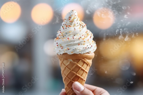 American soft ice cream cone with carnival lights bokeh background, Sweet vanilla ice-cream dessert gelato