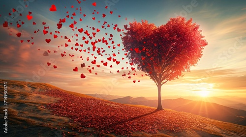 Romantic sunset scene with a crimson heart tree and falling foliage, symbolizing love.