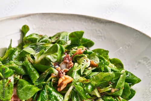 Closeup of a fresh mache salad with walnuts and vinaigrette dressing served on a ceramic plate.