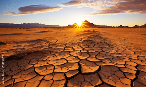 Expansive Desert Landscape with Cracked Earth Foreground Leading to Rolling Sand Dunes Under a Golden Sunrise, Symbolizing Aridity and Climate