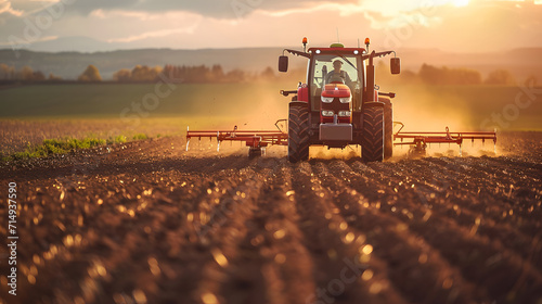 Tractor plowing the field with seedbed cultivator at sunset. Farmer in tractor preparing land with seedbed cultivator at sunset. A farmer driving a tractor in a field.