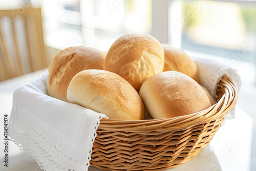 A Basket of Bread Rolls on a White Kitchen Counter 