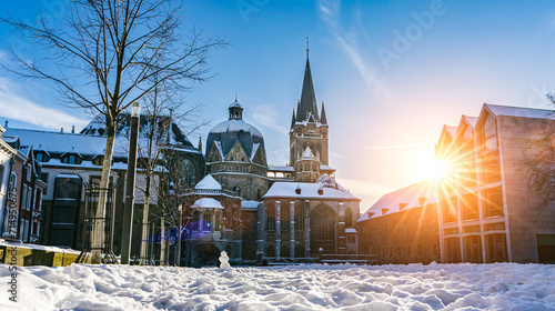 The famous Huge gothic cathedral of The Emperor Karl in Aachen Germany during winter season with snow at Katschhof against blue sky and sunshine background